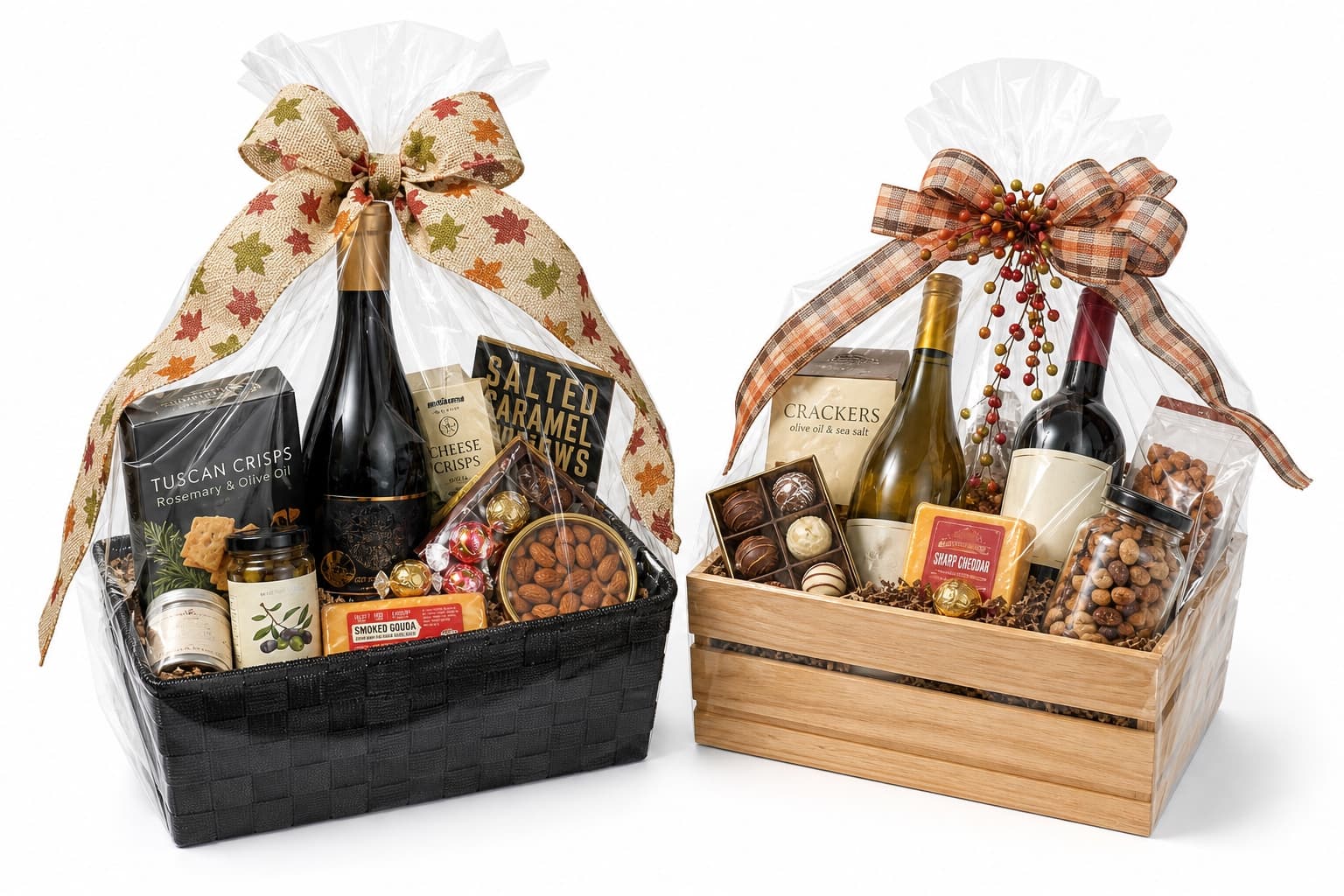 Custom wine gift baskets with wine, gourmet snacks, and ribbons
