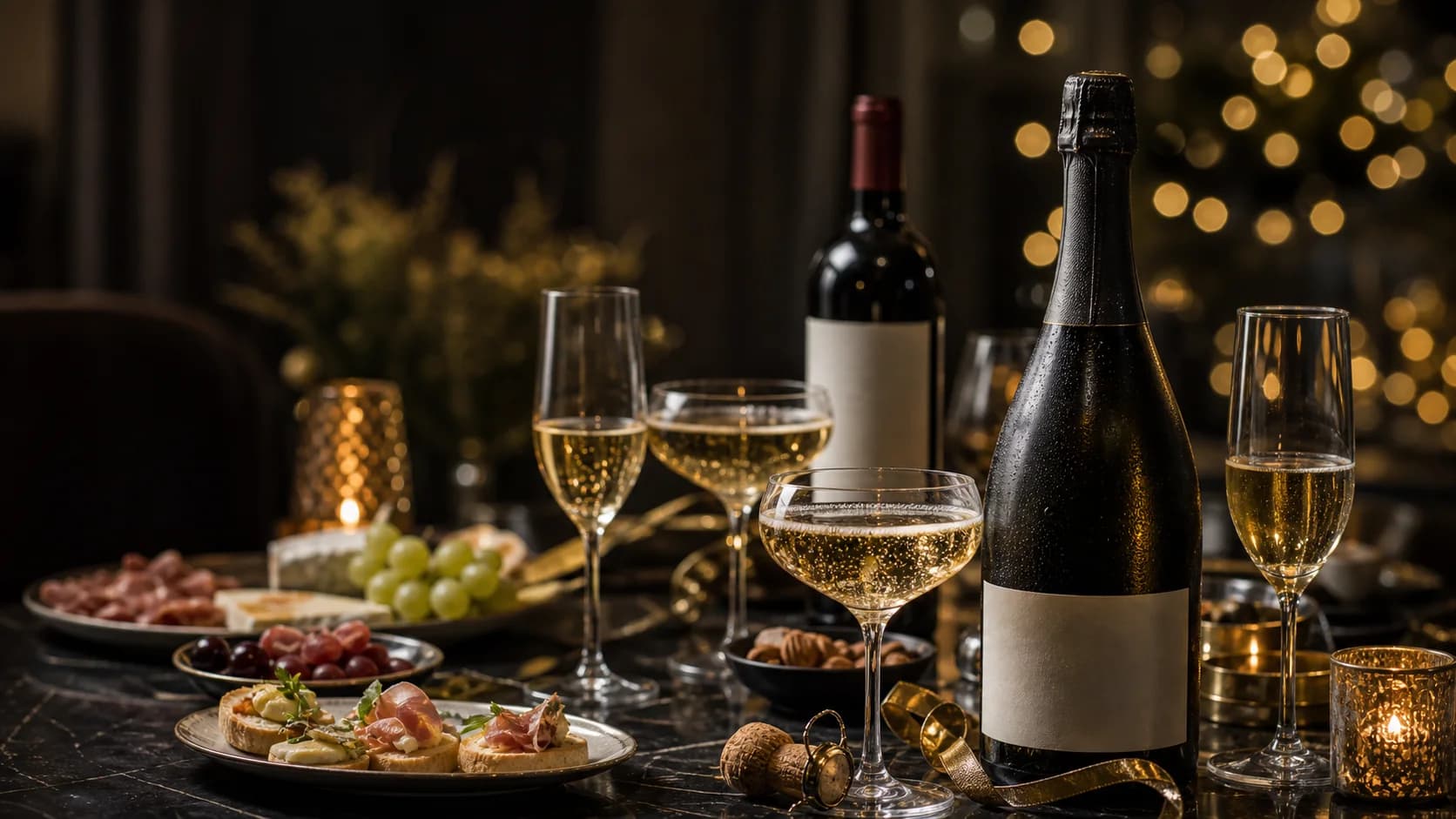 Sparkling wine, celebration glasses, ribbon, corks, and a large-format red wine bottle on an elegant New Year's table
