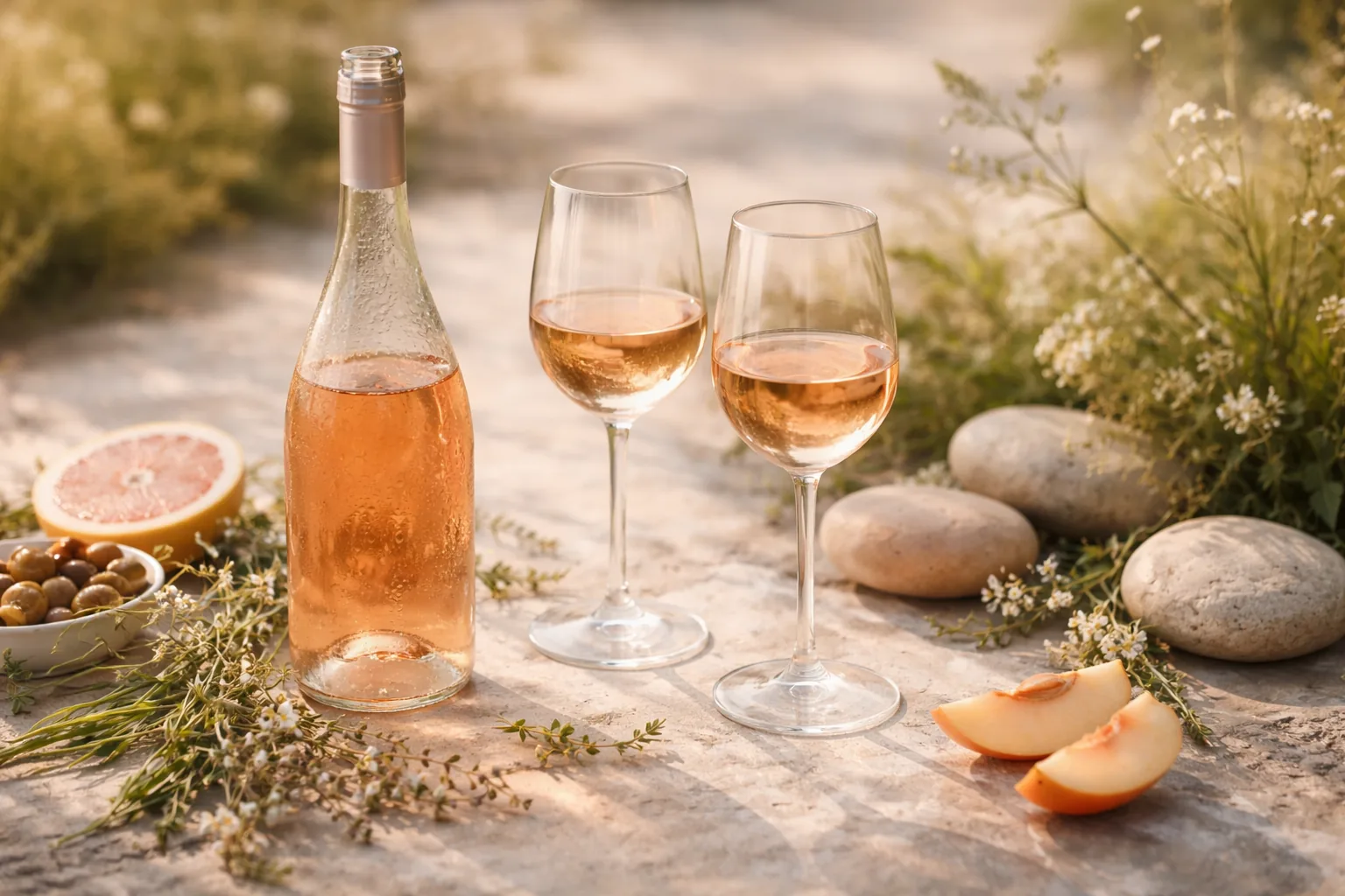 Editorial spring still life with a rosé bottle, wine glasses, citrus, herbs, and garden stones in soft natural light