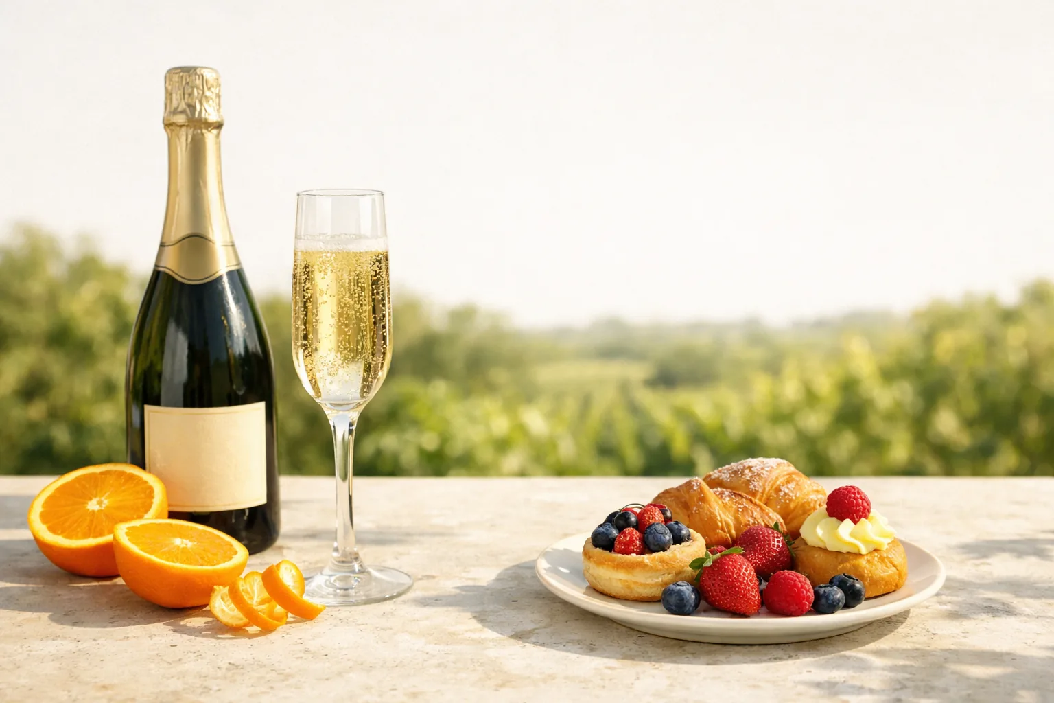 Editorial still life of sparkling wine, citrus, flute glasses, and brunch fruit on a bright table in natural light