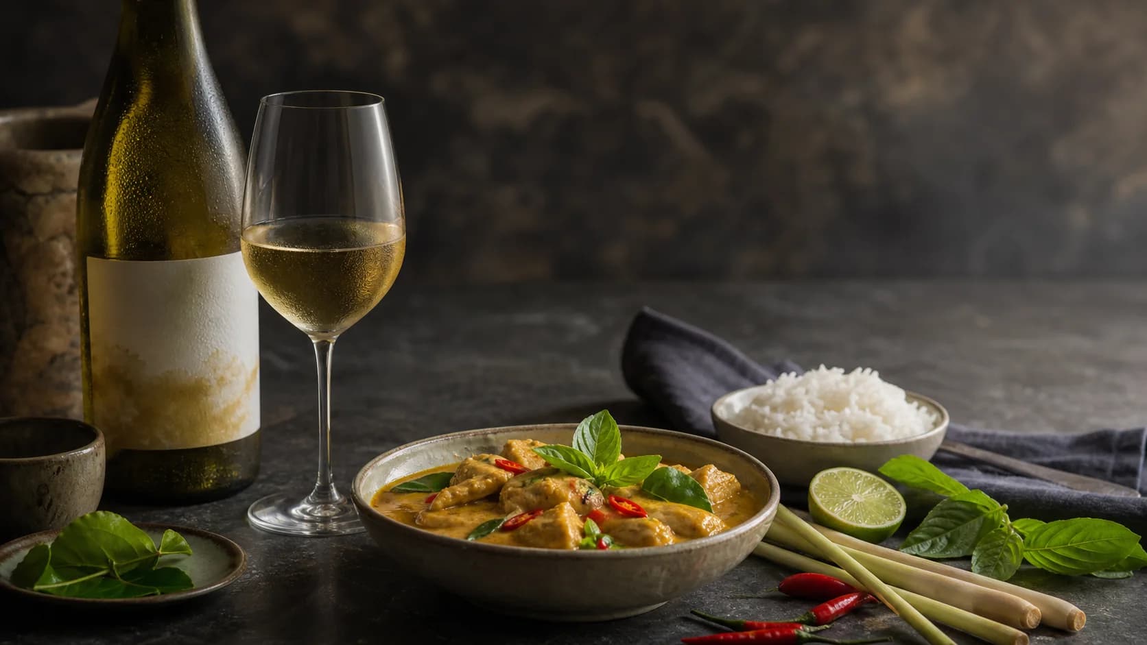 Editorial still life of a crisp white wine bottle and glass with Thai curry ingredients, chilies, lime, lemongrass, and rice on a stone surface