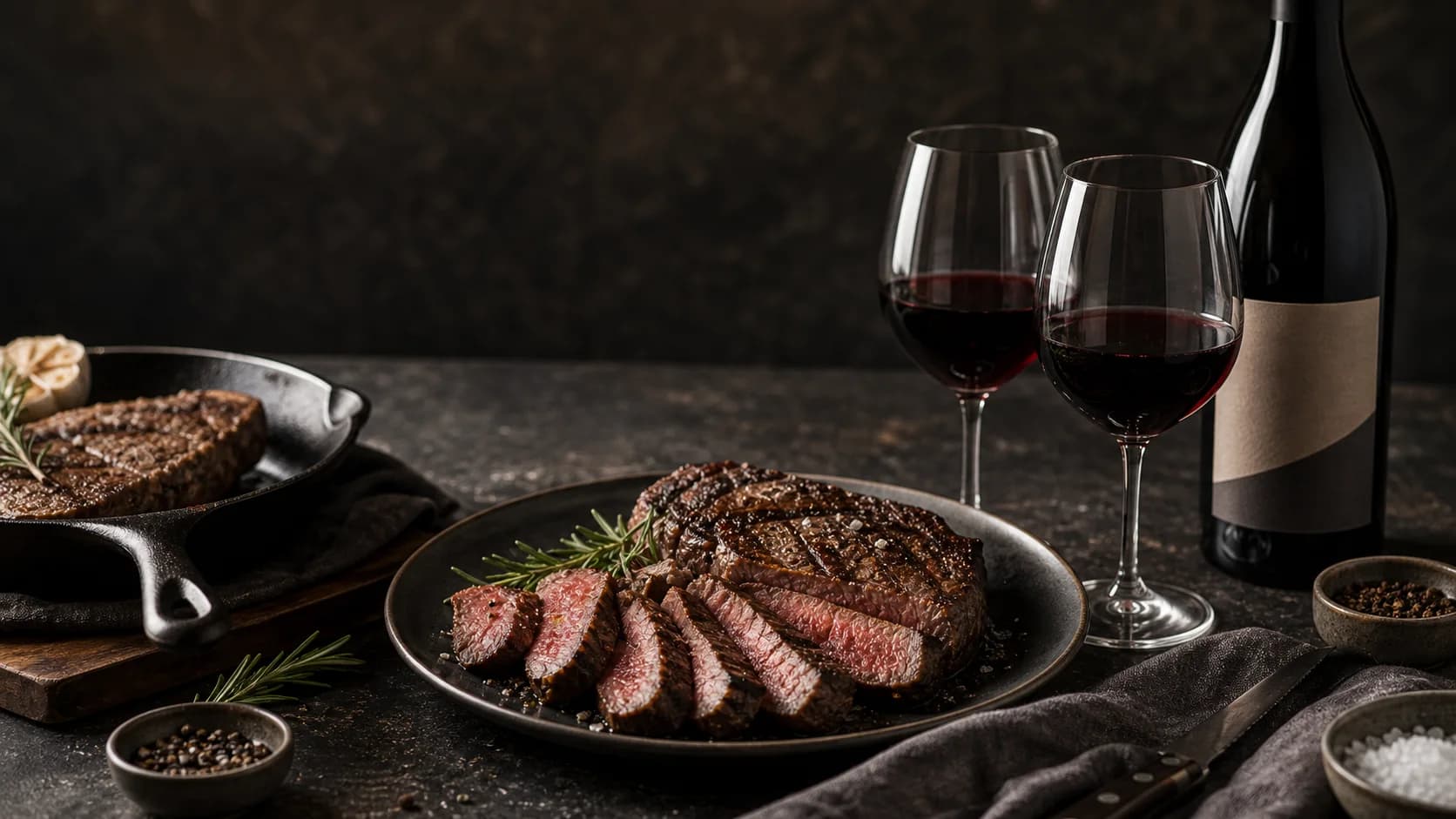Sliced steak, rosemary, salt, cast-iron pan, red wine bottle, and two glasses on a dark stone table