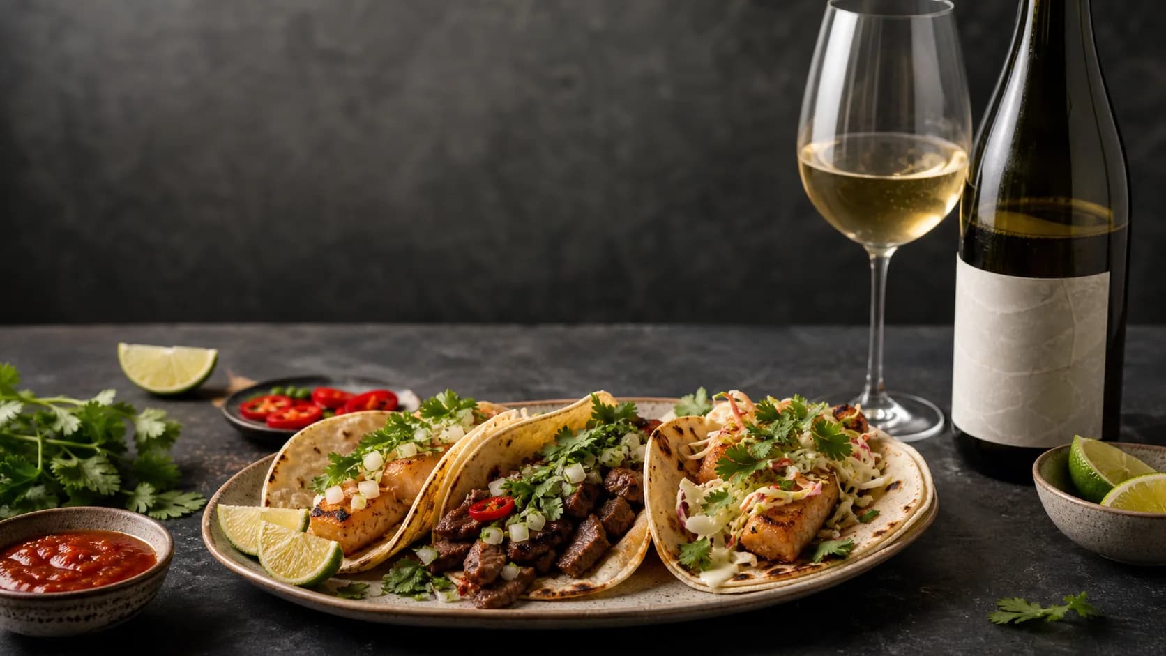 Editorial still life of tacos, lime, chili, herbs, a wine bottle, and a wine glass on a dark stone surface with warm natural light