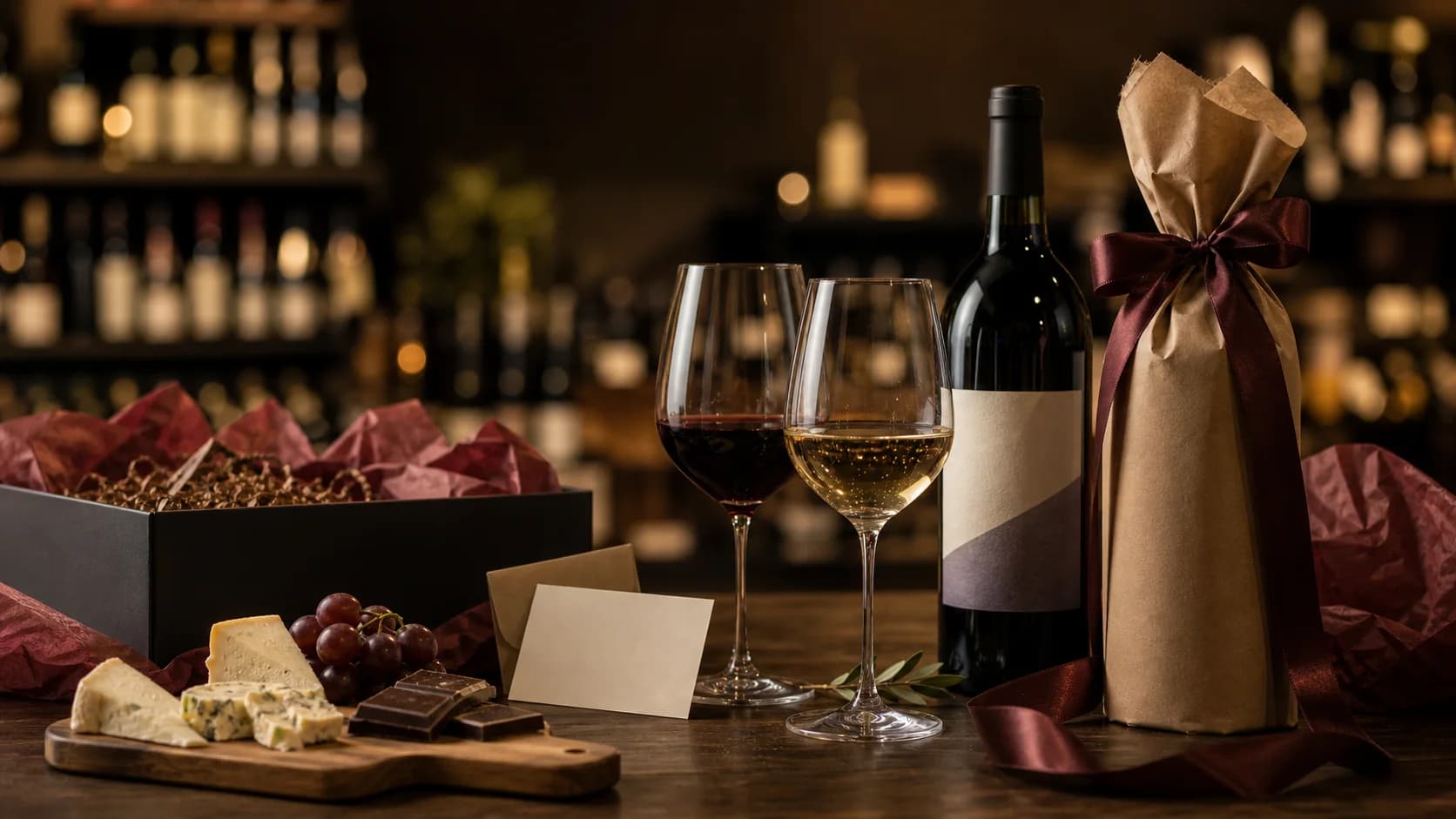 Wrapped wine bottle, unwrapped bottle, glasses, gift card, ribbon, and chocolate on a warm tasting table