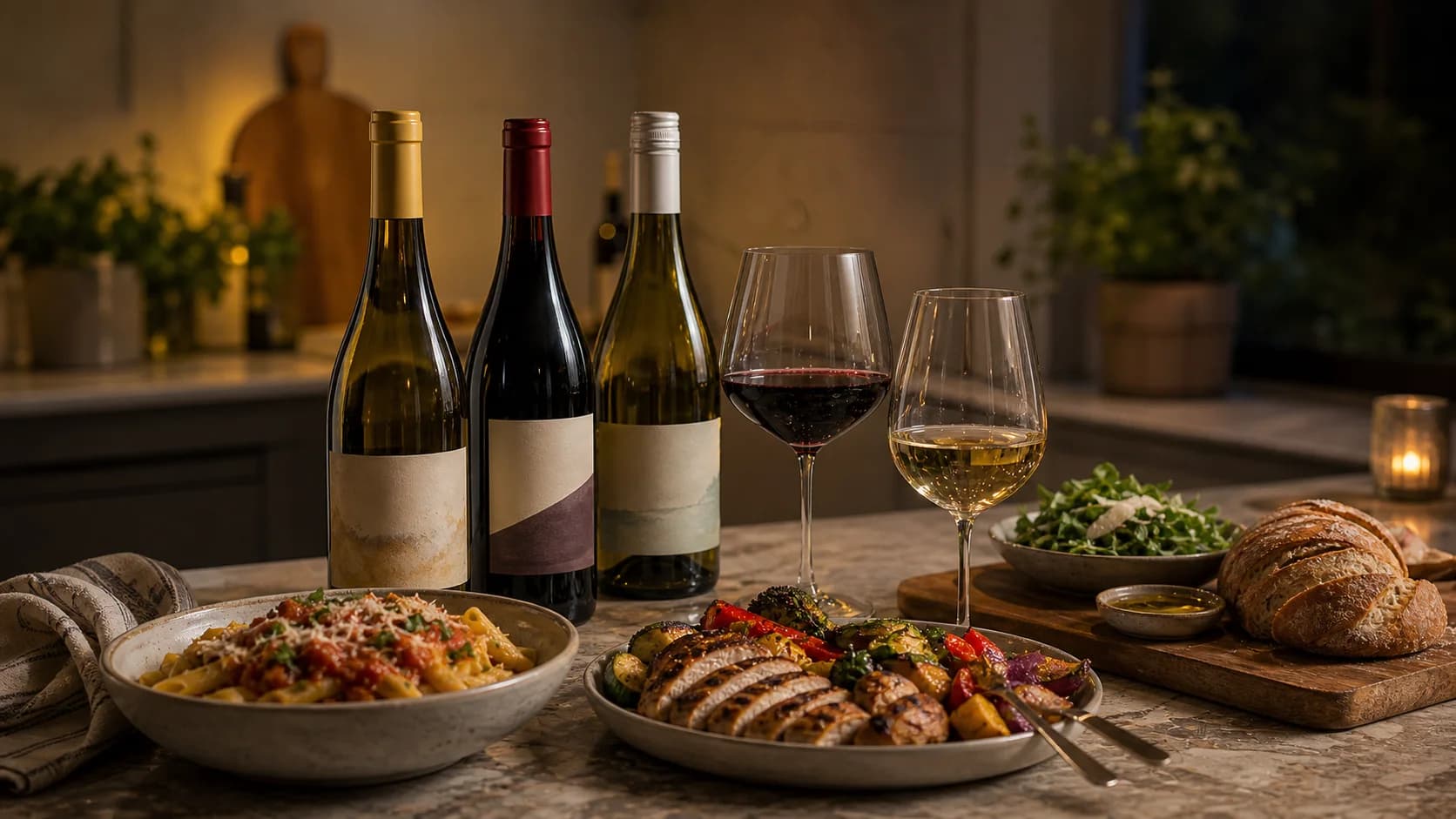Weeknight dinner table with three wine bottles, two glasses, pasta, chicken, and vegetables in warm natural light