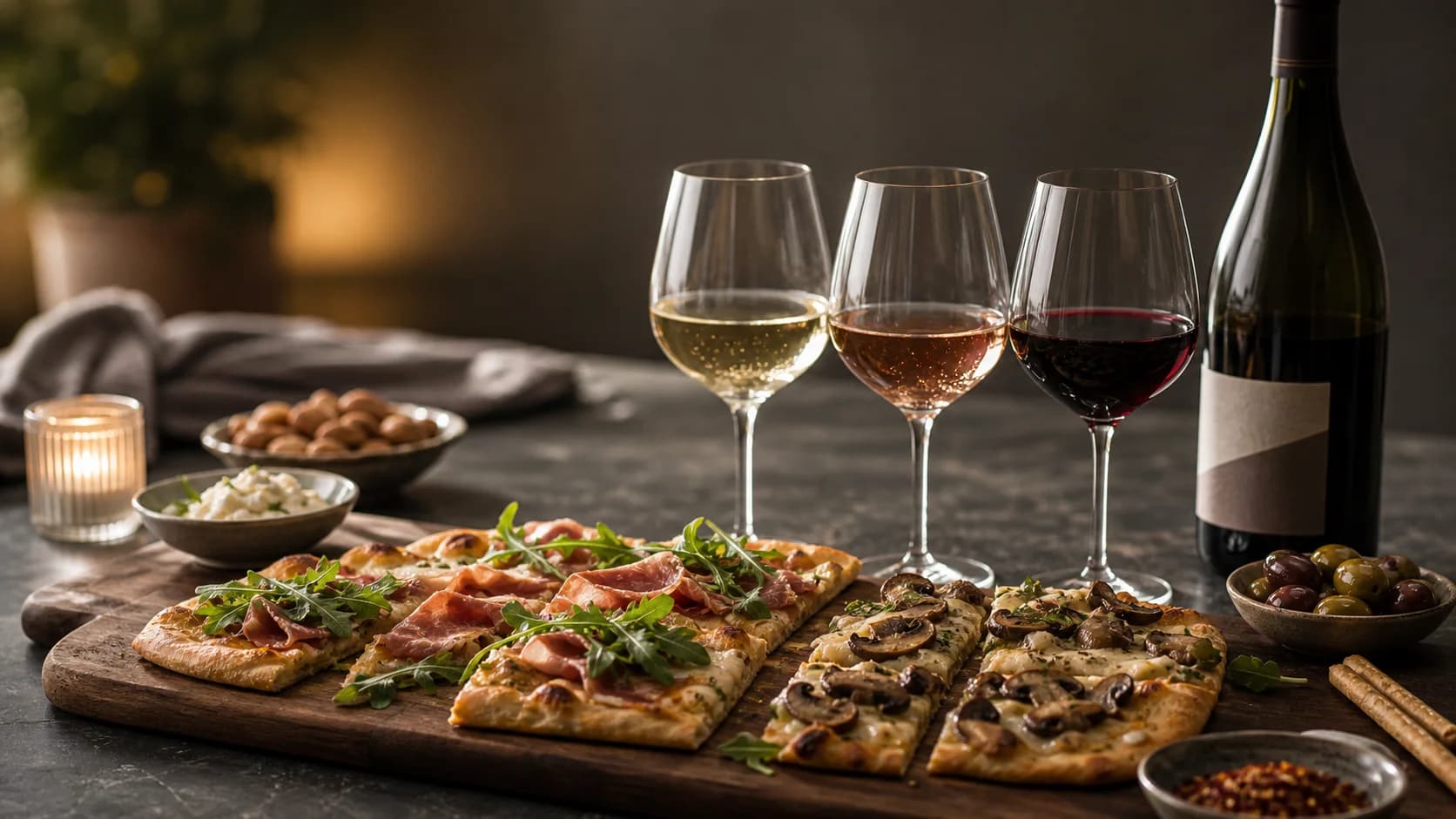 Flatbread, small bites, wine bottle, and a three-glass tasting flight arranged on a warm hosting table
