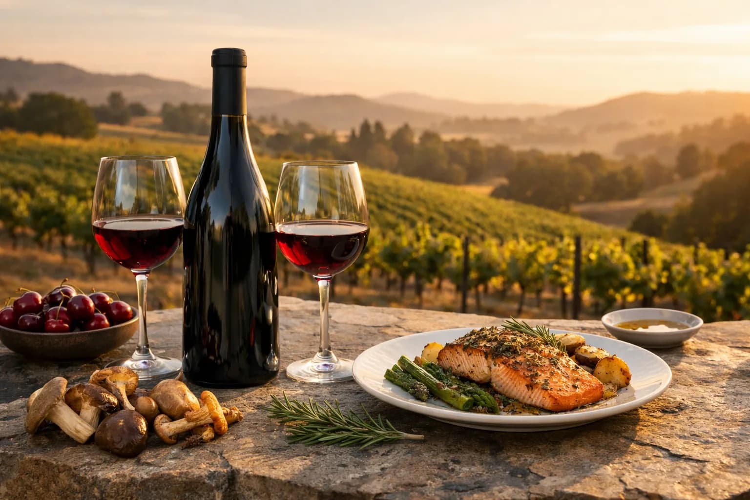 A bottle of pinot noir with two glasses, cherries, mushrooms, and herb-roasted salmon on a stone outdoor table at sunset