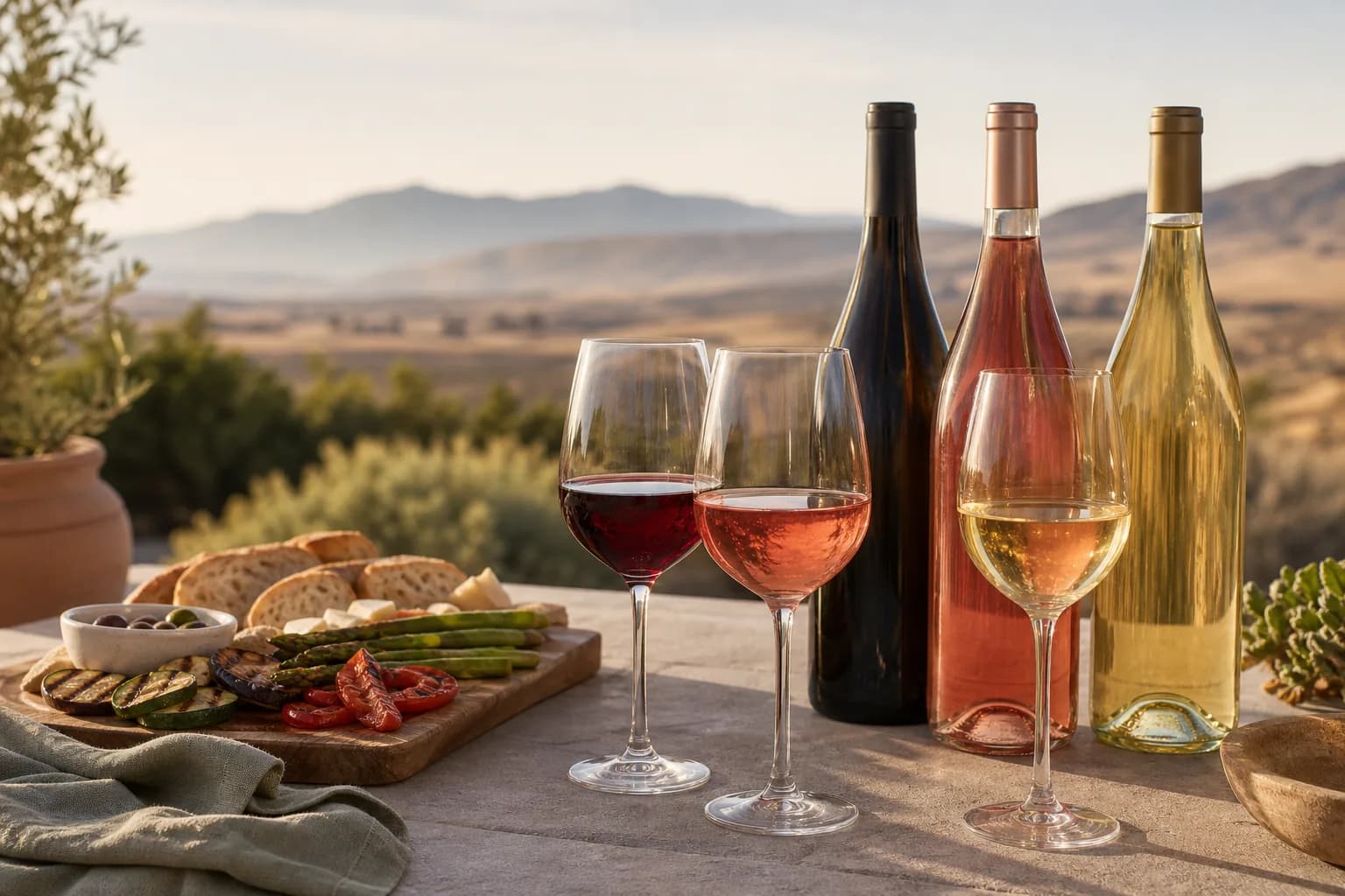 Chilled red, rosé, and white wines beside grilled vegetables on a high-desert patio at golden hour