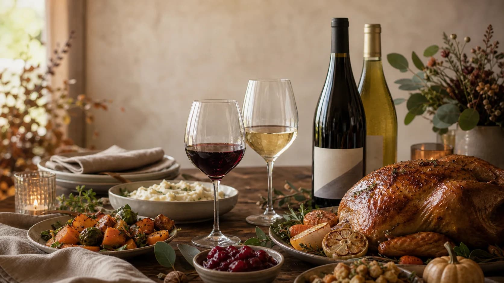 Thanksgiving table with roasted turkey, seasonal sides, wine bottles, and red and white wine glasses in warm holiday light