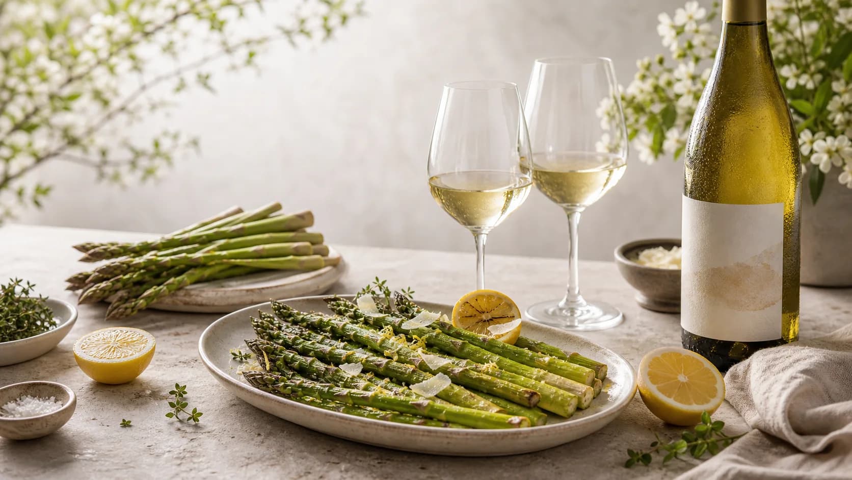Asparagus, lemon, herbs, chilled white wine bottle, and two glasses on a pale stone table in spring light
