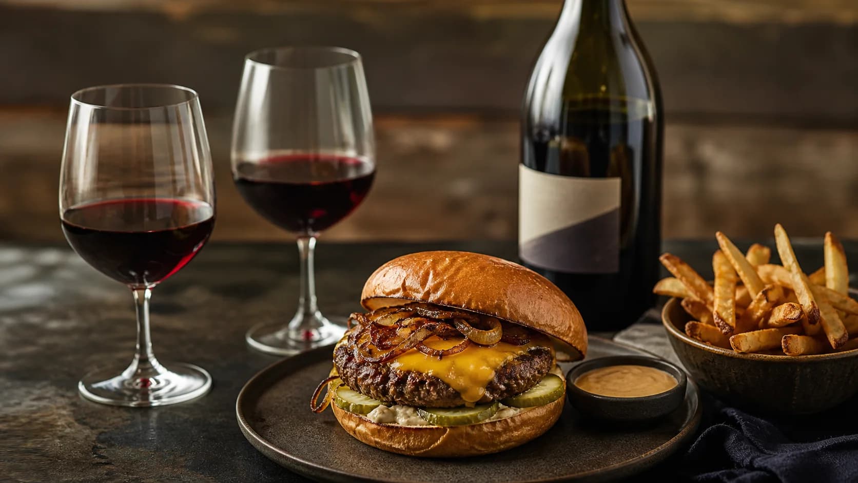 Editorial still life of a cheeseburger, a red wine bottle, two glasses, fries, and grilled onions on a dark stone surface in natural light