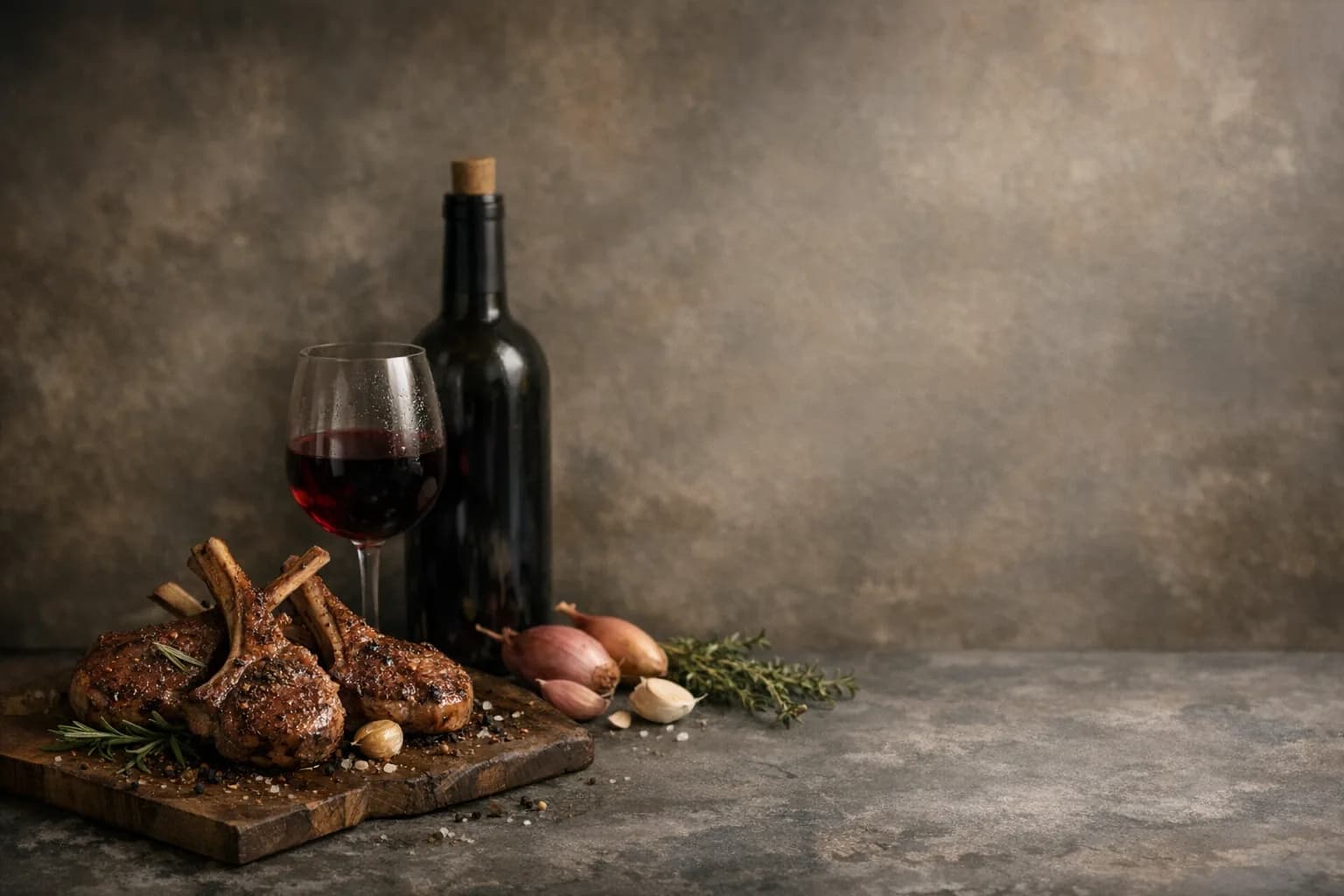 Editorial still life of roasted lamb chops with rosemary, garlic, a red wine bottle, and stemware on a stone table in soft natural light