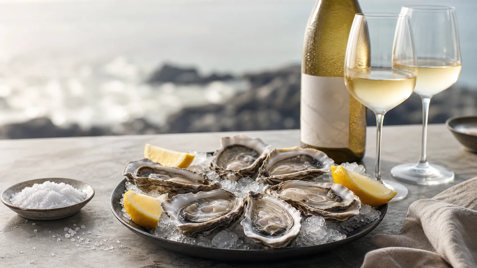Editorial still life of oysters on ice with lemon, a chilled white wine bottle, stemware, and sea salt on a stone table in soft coastal light