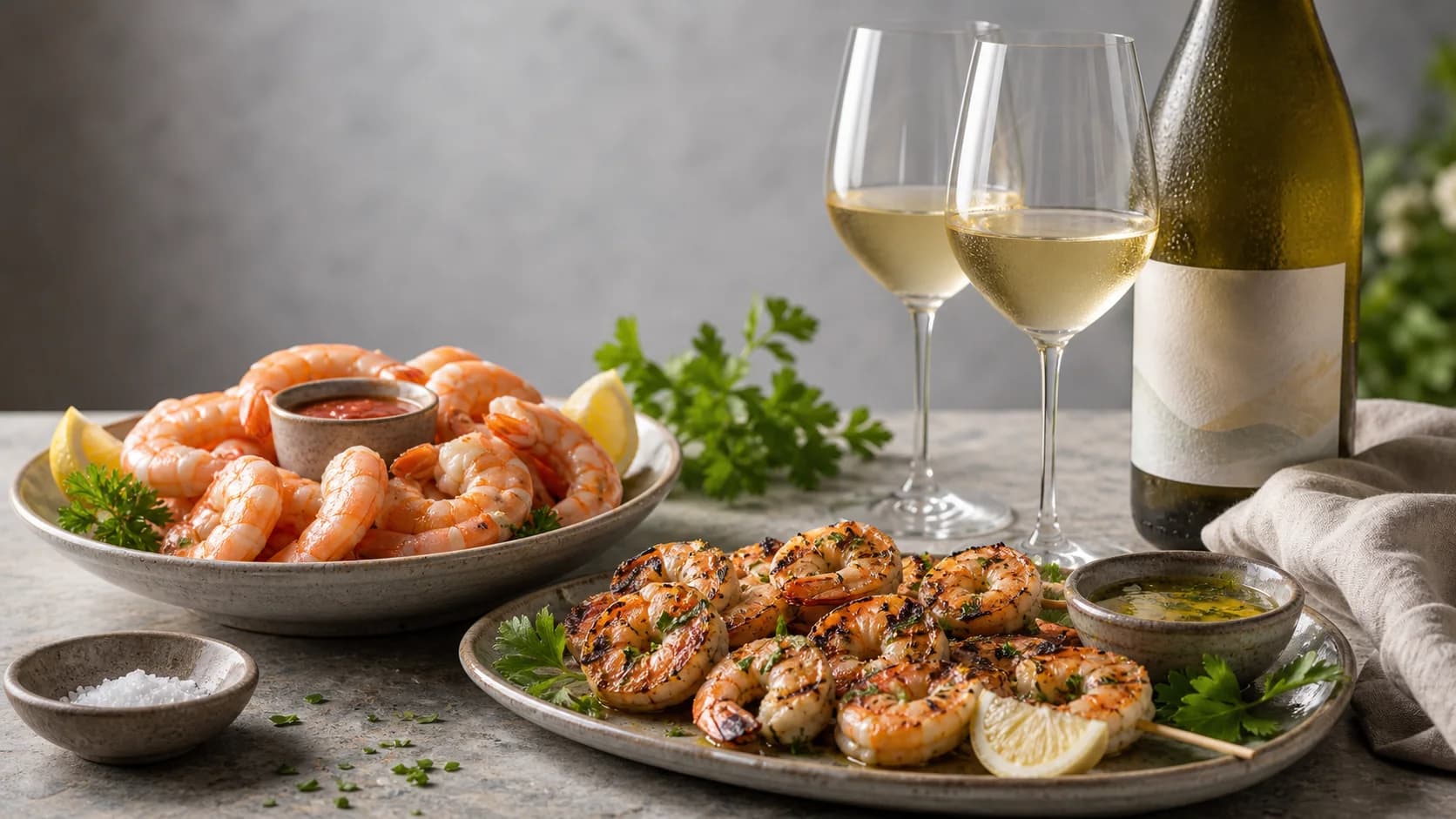 Shrimp cocktail, grilled shrimp, lemon, herbs, chilled white wine bottle, and two glasses on a cool stone table