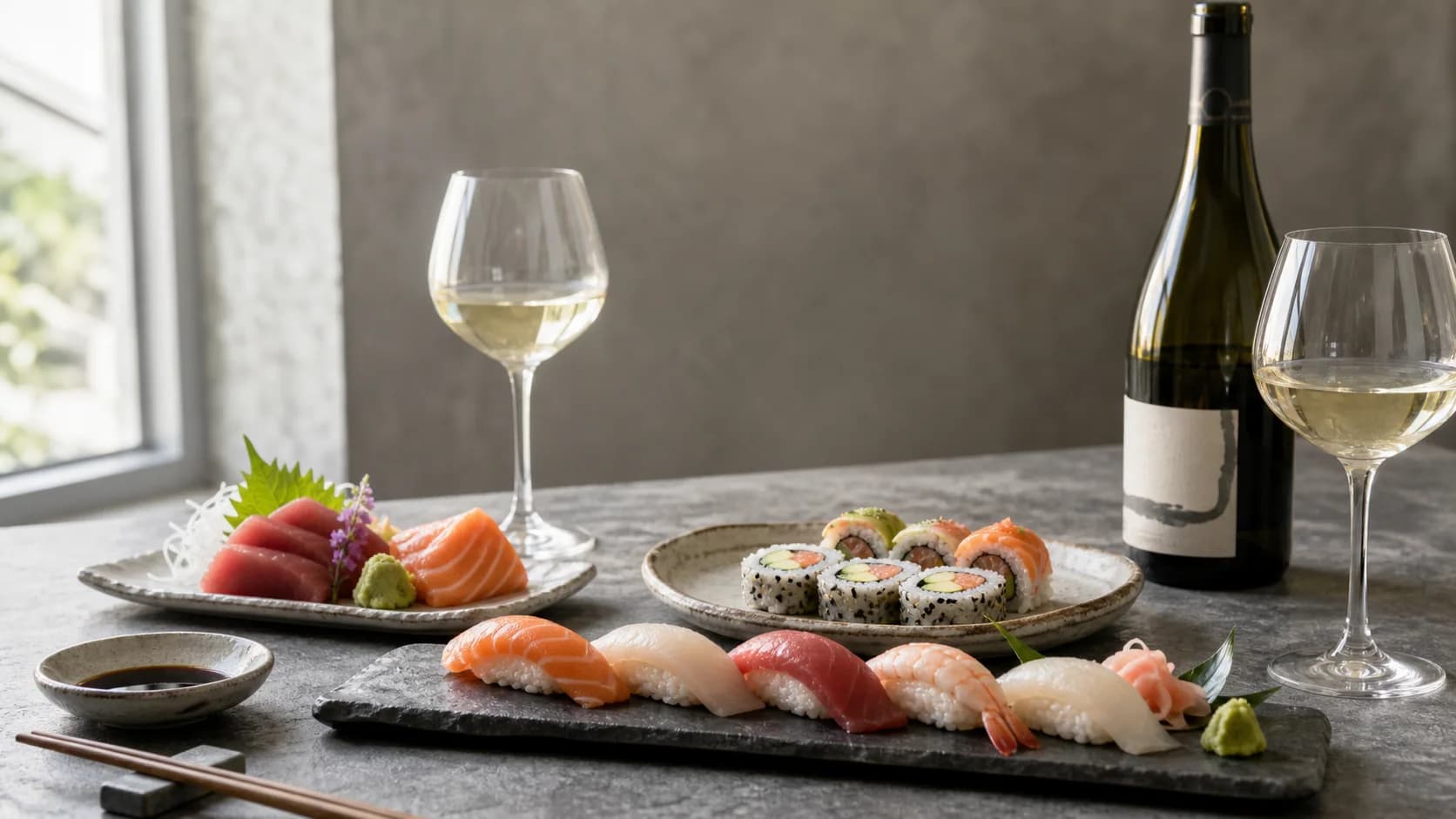 Editorial still life of sparkling and white wine beside sushi ingredients, slate, and ceramic plates in natural light