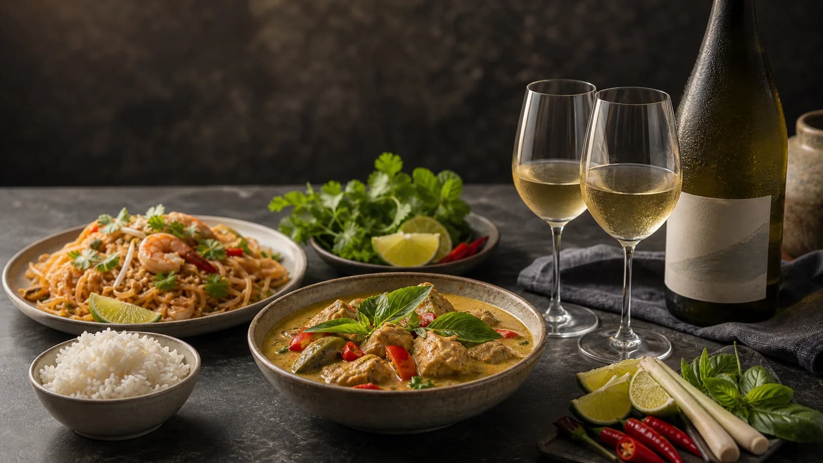Thai curry, noodles, rice, lime, herbs, chilies, a chilled white wine bottle, and two glasses on a dark stone table