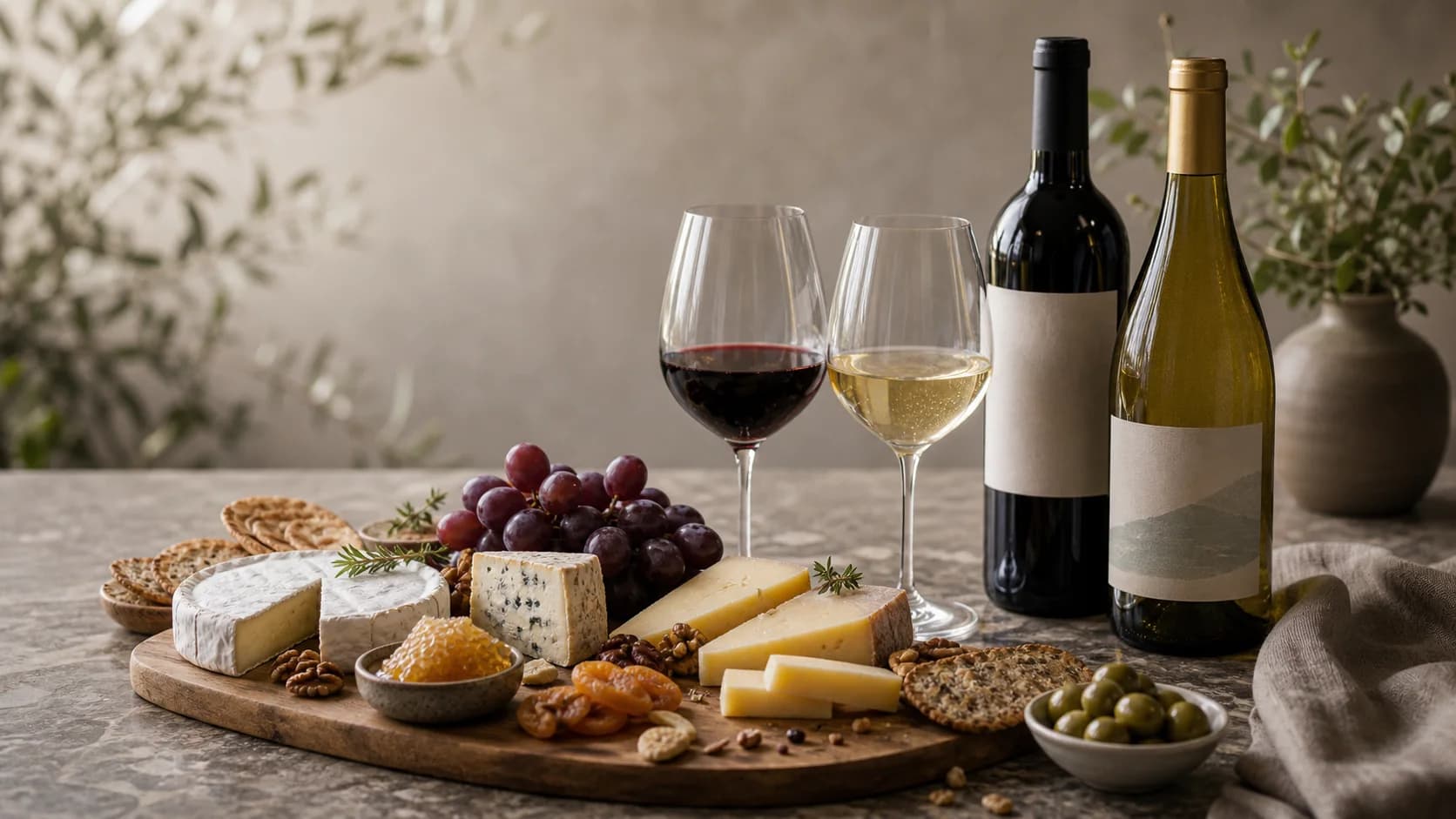Cheese board with brie, gouda, blue cheese, crackers, grapes, nuts, honey, wine bottles, and two glasses