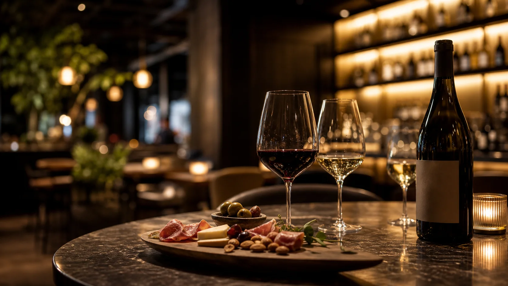 Friends sharing wine and small plates at a warm, modern Reno wine bar