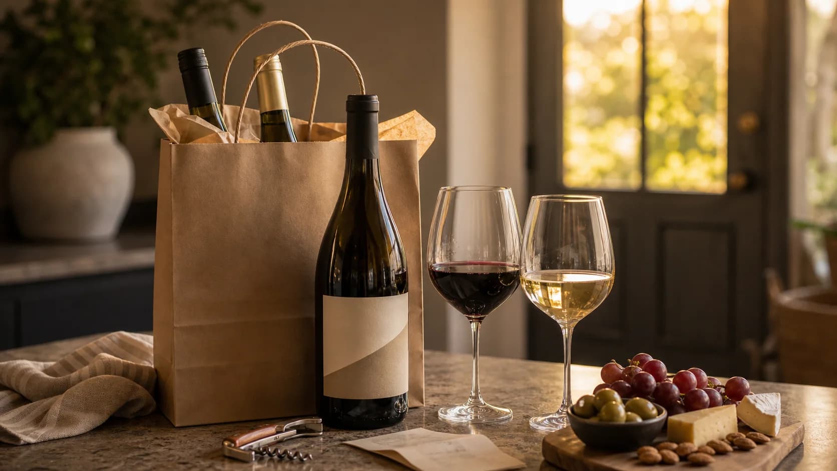 Kraft wine delivery bag with bottles, glasses, corkscrew, grapes, and snacks on a warm kitchen counter