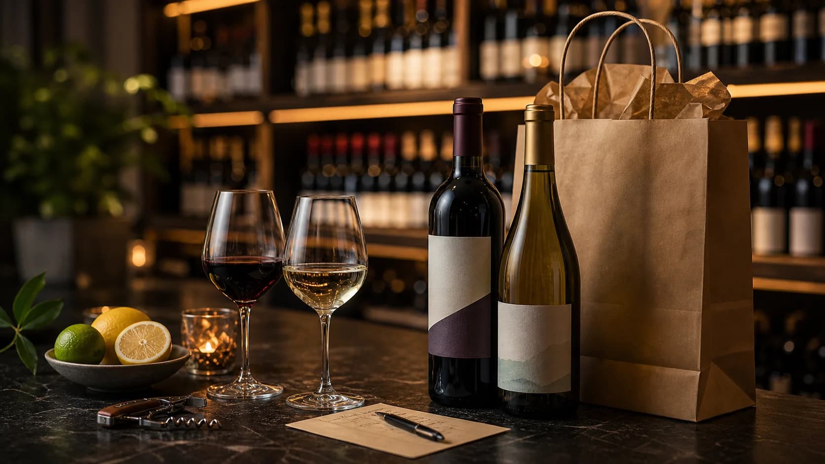 Paper wine bag, wine bottles, corkscrew, citrus, dinner note, and two glasses on a dark stone counter