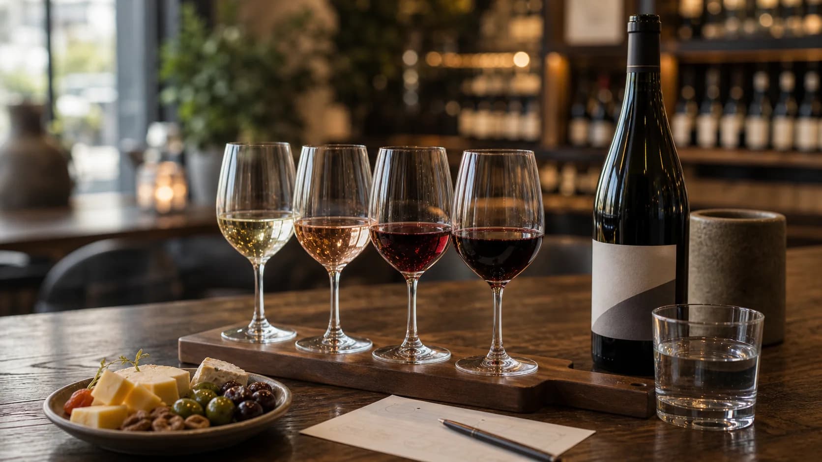 Guided wine tasting flight with four pours, cheese, olives, water glass, and a wine bottle on a warm tasting room table
