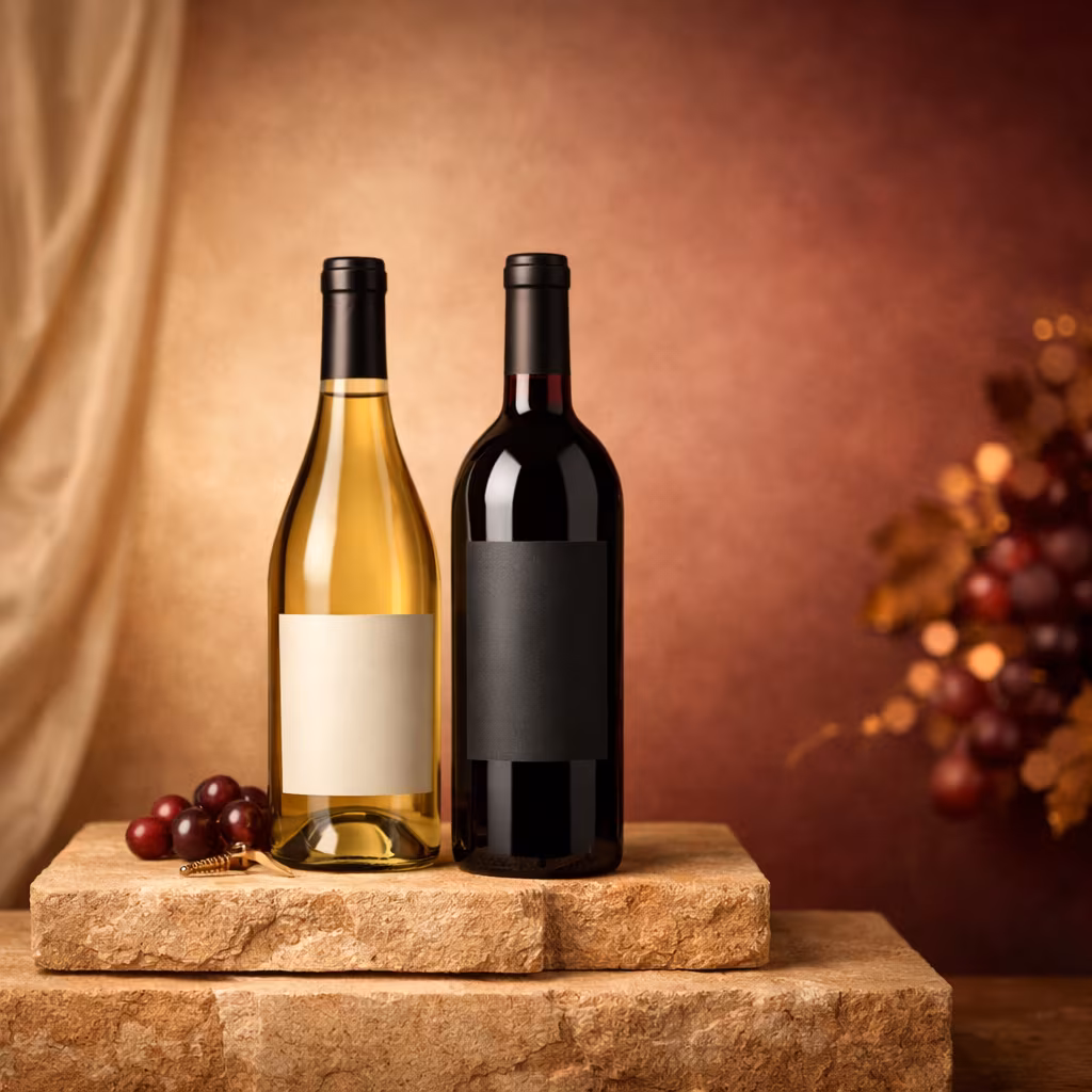 A red and white wine bottle displayed on warm stone plinths with grapes and a softly lit retail backdrop.