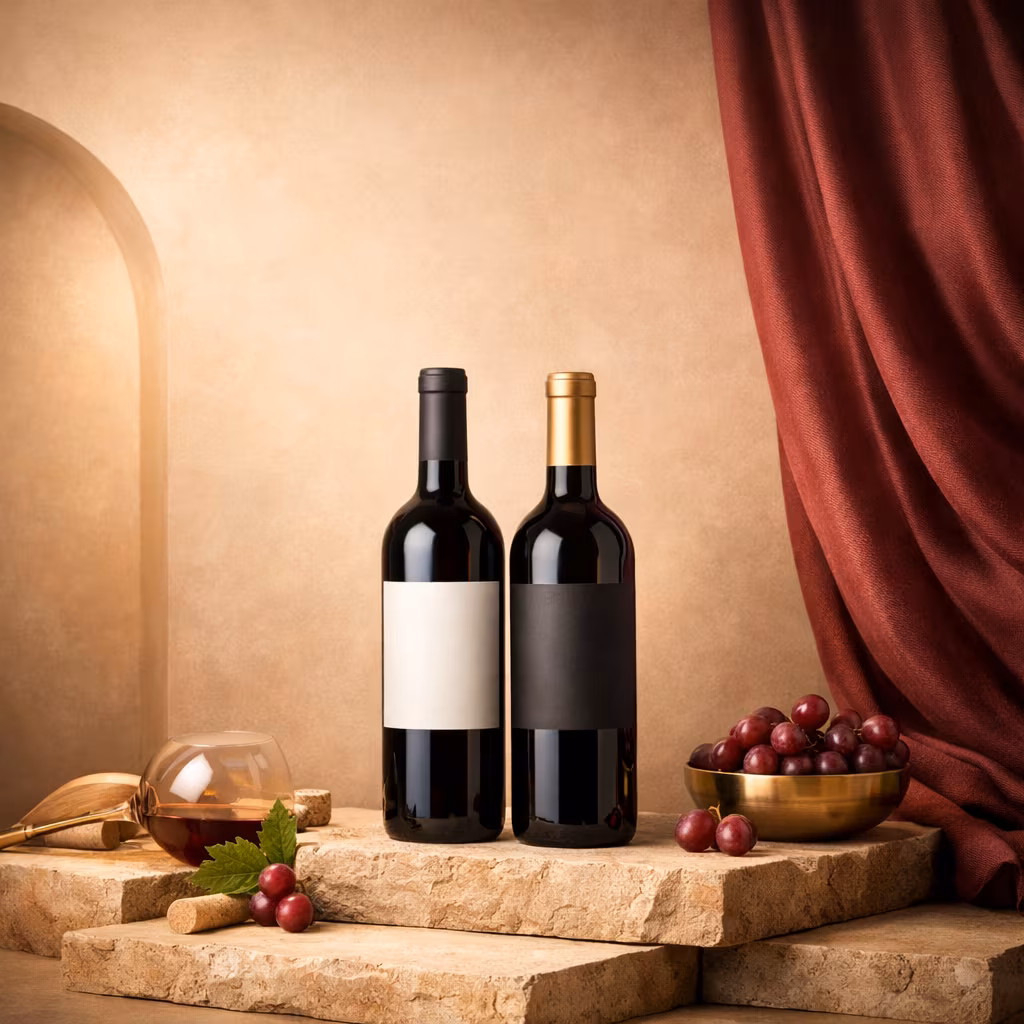 Two red wine bottles on a warm stone retail set with a deep red drape backdrop.