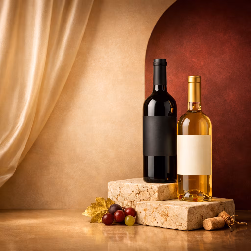 A red and white wine bottle displayed on stone plinths with warm studio lighting.